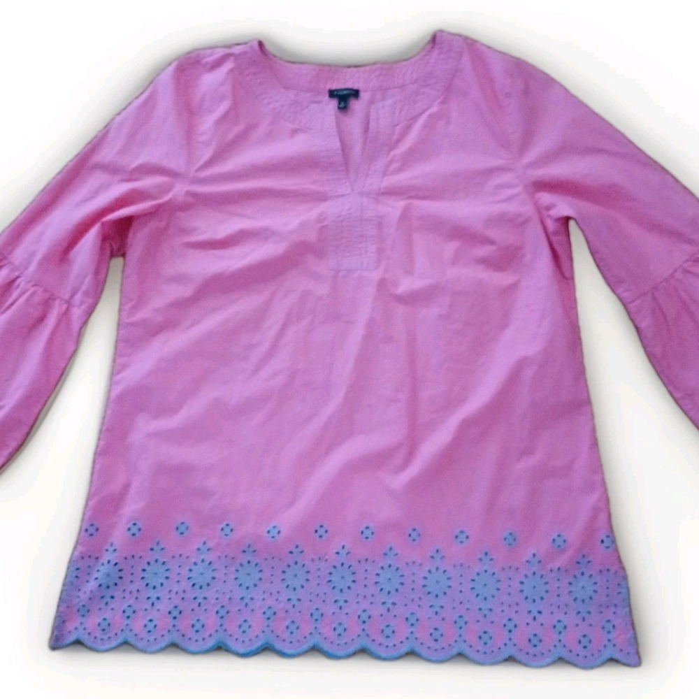 Talbots Womens Pink Cotton Eyelet Hem Split Neck Bell‎ Sleeve Blouse Top Large